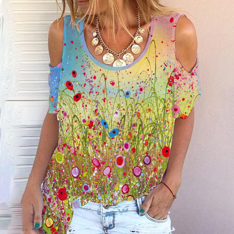 2023. g. sieviešu jauns vasaras raksts no pleciem, Harajuku Print Top T-krekls ar apaļu kakla izgriezumu sieviešu plecu locītavas stila ziedi sievietēm