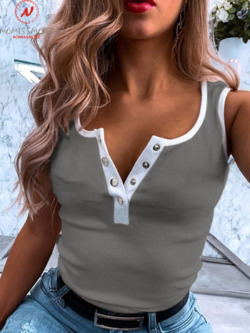 Μόδα Γυναικεία Καλοκαιρινή Casual Loose Camis Σχεδιασμός με κουμπιά με λαιμόκοψη V-λαιμόκοψη Αμάνικο που ταιριάζουν στο χρώμα Streetwear πουλόβερ