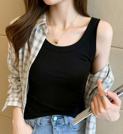 Valged naiste tanktopid, seksikad, elastsed, soliidsed, kaelast väljas, vabaaja püksid, suvised naiste topid, must