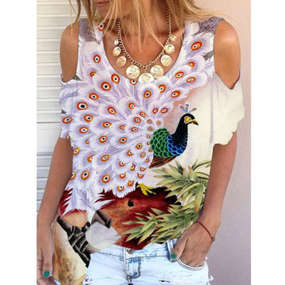 Új nyári fehér kerek nyakú póló 3D nyomtatott divatos egyszerű mintás laza alkalmi felső váll sokoldalú