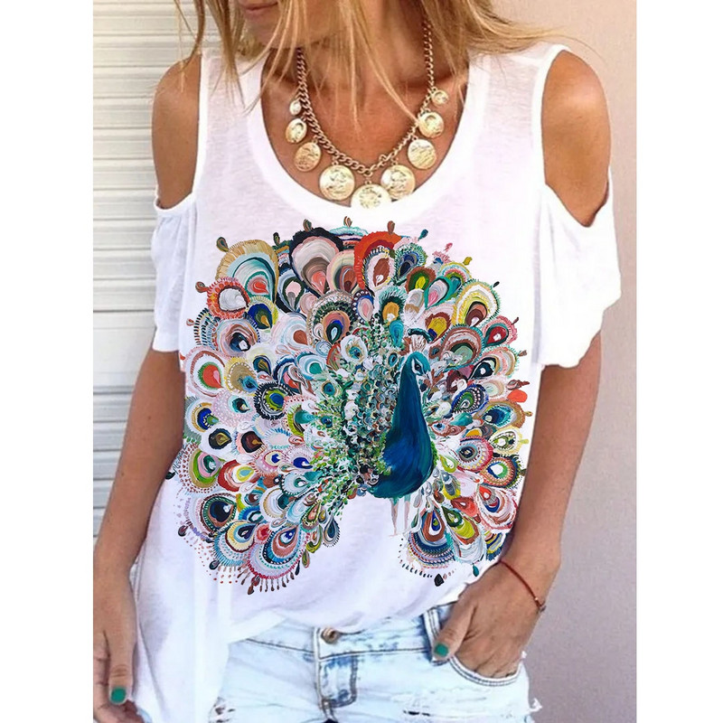 Új nyári fehér kerek nyakú póló 3D nyomtatott divatos egyszerű mintás laza alkalmi felső váll sokoldalú