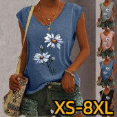 2023. gada jauns sieviešu T-krekls ar margrietiņu apdruku vasarā ar īsām piedurknēm ar V veida kakla izgriezumu, brīvs, īpaši liels, ikdienas sieviešu tops XS-8XL