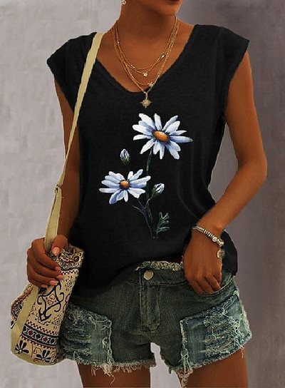 2023. gada jauns sieviešu T-krekls ar margrietiņu apdruku vasarā ar īsām piedurknēm ar V veida kakla izgriezumu, brīvs, īpaši liels, ikdienas sieviešu tops XS-8XL