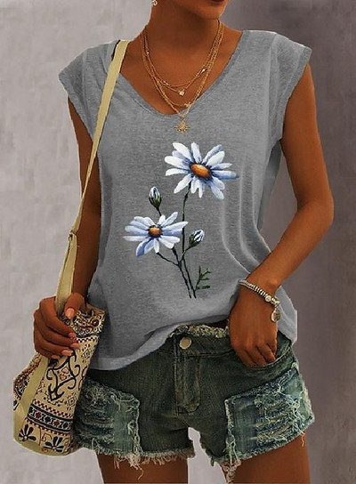 2023. gada jauns sieviešu T-krekls ar margrietiņu apdruku vasarā ar īsām piedurknēm ar V veida kakla izgriezumu, brīvs, īpaši liels, ikdienas sieviešu tops XS-8XL