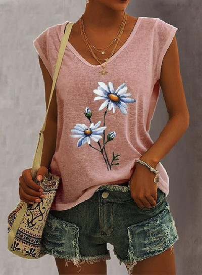 2023. gada jauns sieviešu T-krekls ar margrietiņu apdruku vasarā ar īsām piedurknēm ar V veida kakla izgriezumu, brīvs, īpaši liels, ikdienas sieviešu tops XS-8XL