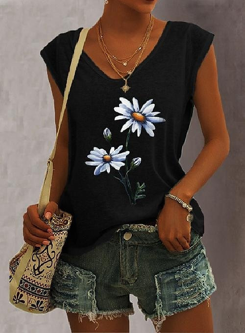 2023. gada jauns sieviešu T-krekls ar margrietiņu apdruku vasarā ar īsām piedurknēm ar V veida kakla izgriezumu, brīvs, īpaši liels, ikdienas sieviešu tops XS-8XL