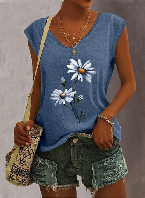 2023. gada jauns sieviešu T-krekls ar margrietiņu apdruku vasarā ar īsām piedurknēm ar V veida kakla izgriezumu, brīvs, īpaši liels, ikdienas sieviešu tops XS-8XL