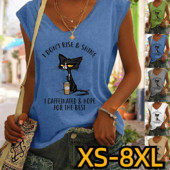 2023-as új nyári, napi V-nyakú akasztófelső, bő, ujjatlan női divatos, alkalmi pulóver, rajzfilm macskamintás akasztófelső