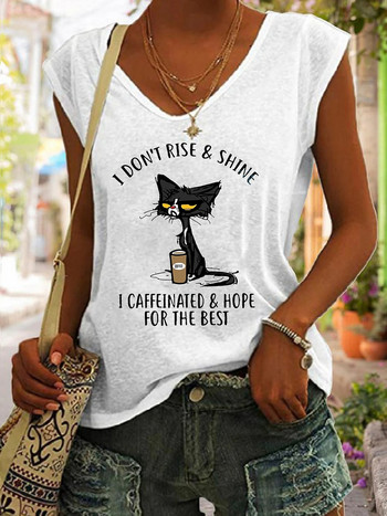 2023 Νέο καλοκαιρινό καθημερινό μπλουζάκι με V λαιμόκοψη Χαλαρό αμάνικο γυναικείο μπλουζάκι casual πουλόβερ κινουμένων σχεδίων για γάτα