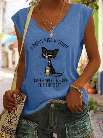2023 Νέο καλοκαιρινό καθημερινό μπλουζάκι με V λαιμόκοψη Χαλαρό αμάνικο γυναικείο μπλουζάκι casual πουλόβερ κινουμένων σχεδίων για γάτα