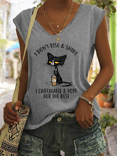 2023-as új nyári, napi V-nyakú akasztófelső, bő, ujjatlan női divatos, alkalmi pulóver, rajzfilm macskamintás akasztófelső