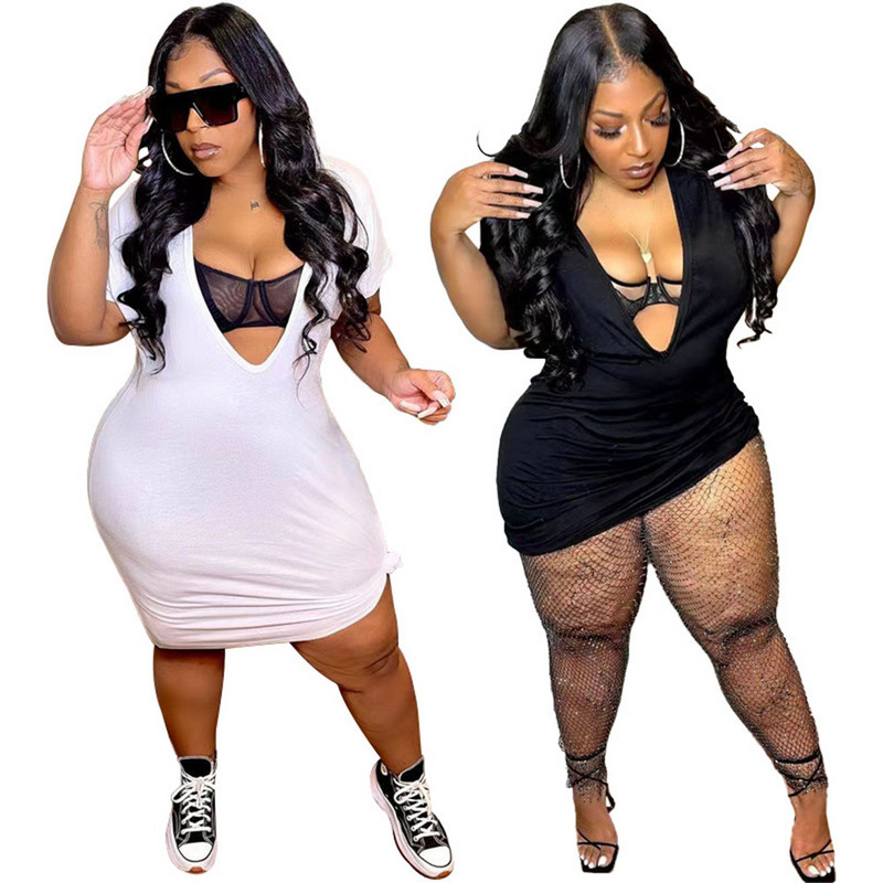 Wmstar Ženska odjeća velikih veličina, haljine 3xl 4xl 5xl, seksi jednobojni V izrez, super rastezljiva ležerna mini haljina, veleprodaja Dropshipping