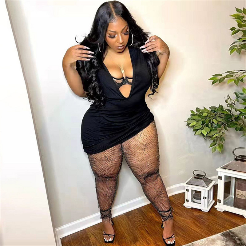 Wmstar Ženska odjeća velikih veličina, haljine 3xl 4xl 5xl, seksi jednobojni V izrez, super rastezljiva ležerna mini haljina, veleprodaja Dropshipping