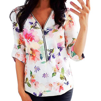 5xl Liela izmēra Rāvējslēdzējs Sieviešu blūze Ikdienas apdruka Mežģīņu Tunika Tops ar garām piedurknēm V veida kakla izgriezuma pavasara krekli Sieviešu apģērbi Bluzka Damska