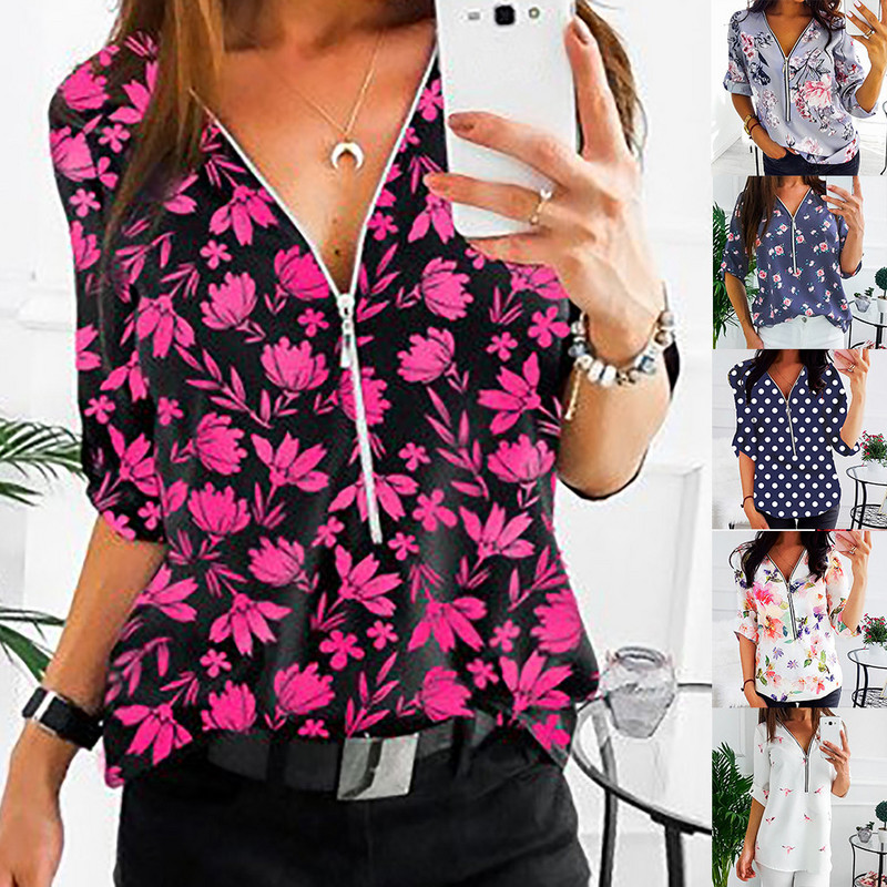 5xl Liela izmēra Rāvējslēdzējs Sieviešu blūze Ikdienas apdruka Mežģīņu Tunika Tops ar garām piedurknēm V veida kakla izgriezuma pavasara krekli Sieviešu apģērbi Bluzka Damska