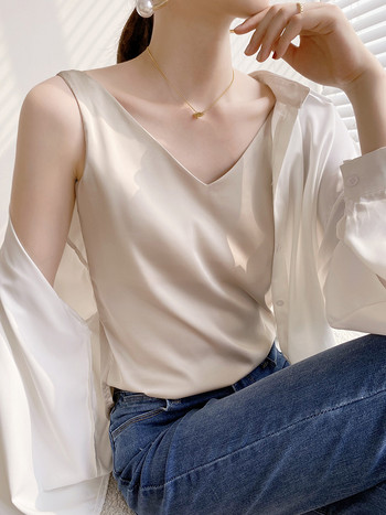 HONGHANYUAN Γυναικεία μπλούζα με λουράκι Halter V λαιμόκοψη Basic Λευκό Μαύρο Cami Αμάνικο σατέν μεταξωτό φανελάκι Γυναικείο καλοκαιρινό γιλέκο καμιζόλα
