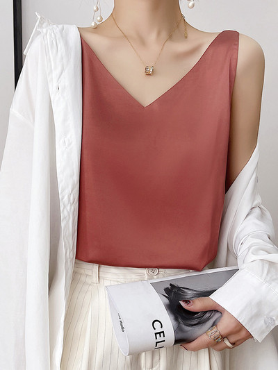 HONGHANYUAN pántos felső női kötőfék V nyakú Basic fehér fekete Cami ujjatlan szatén selyem felsők Női nyári mellény Camisole