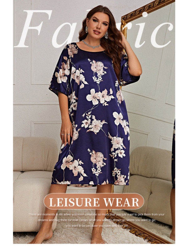 Pijamale rochie pulover cu imprimeu de lungime medie de dama, haine noi de vara pentru casa, matase de gheata, pijamale de marime plus feminino