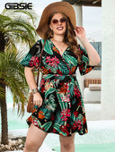 GIBSIE lielizmēra tropu apdrukas kleita ar V veida kakla izgriezumu, jostas sievietēm 2023. gada ikdienas vasaras brīvdienu kleitas ar īsām piedurknēm