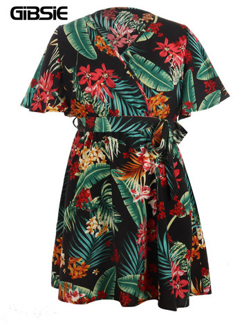 GIBSIE Plus Size Tropical Print Γυναικείο Φόρεμα με Ζώνη με λαιμόκοψη 2023 Casual καλοκαιρινά κοντομάνικα Holiday Beach κοντά φορέματα σε γραμμή Α