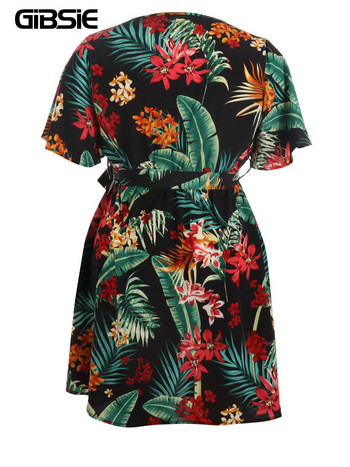 GIBSIE Plus Size Tropical Print Γυναικείο Φόρεμα με Ζώνη με λαιμόκοψη 2023 Casual καλοκαιρινά κοντομάνικα Holiday Beach κοντά φορέματα σε γραμμή Α