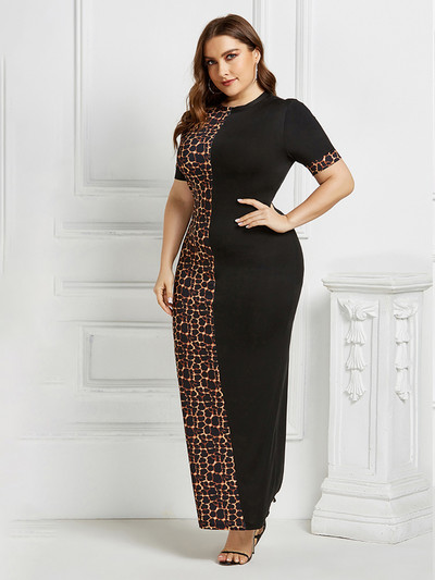 2022. aasta Plus Size Leopard Print O-kaelusega Seksikas Bodycon Pikk Kleit Naiste Suvekleidid Naistele Moodne vabaaja kleit lühikeste varrukatega