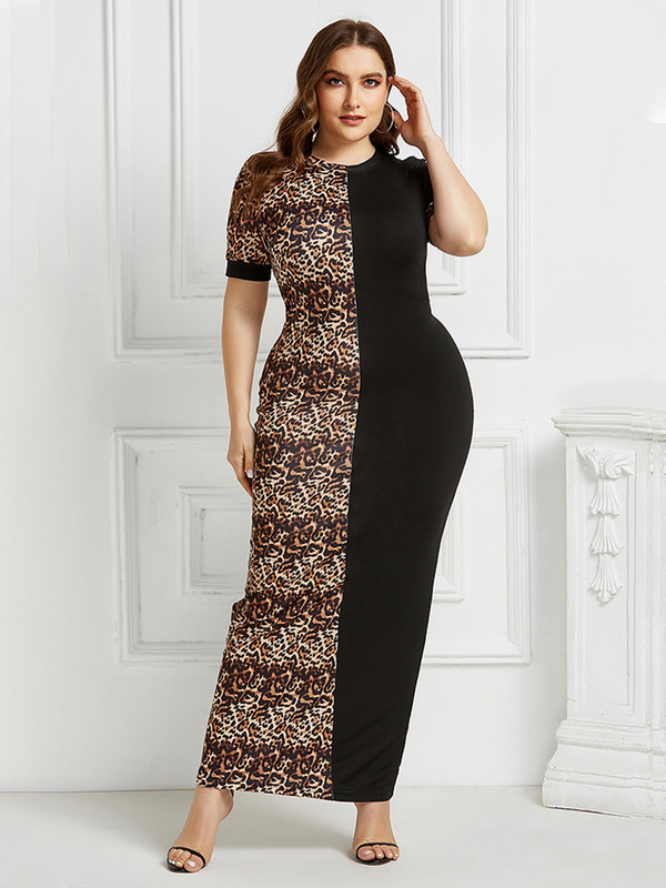 2022. aasta Plus Size Leopard Print O-kaelusega Seksikas Bodycon Pikk Kleit Naiste Suvekleidid Naistele Moodne vabaaja kleit lühikeste varrukatega