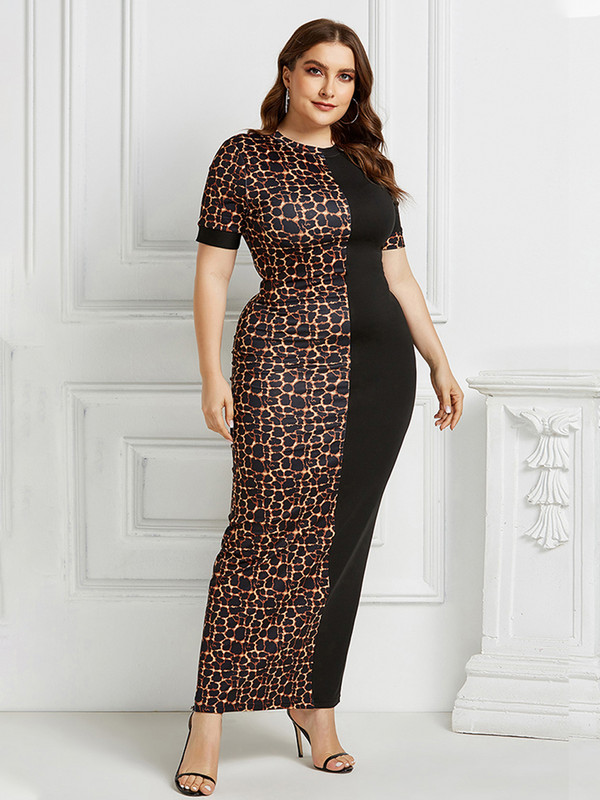 2022. aasta Plus Size Leopard Print O-kaelusega Seksikas Bodycon Pikk Kleit Naiste Suvekleidid Naistele Moodne vabaaja kleit lühikeste varrukatega