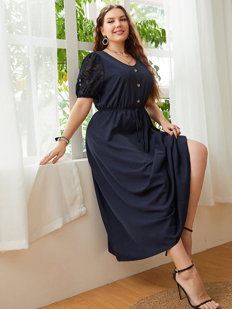 XL-4XL Rochie de mărime mare pentru femei Rochie de vară cu mânecă scurtă din dantelă Rochie midi plină de nasturi elegante, lejeră, îmbrăcăminte supradimensionată