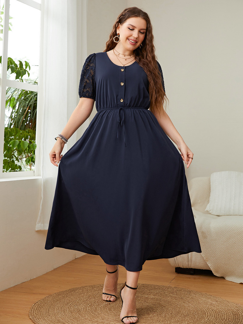 XL-4XL Rochie de mărime mare pentru femei Rochie de vară cu mânecă scurtă din dantelă Rochie midi plină de nasturi elegante, lejeră, îmbrăcăminte supradimensionată