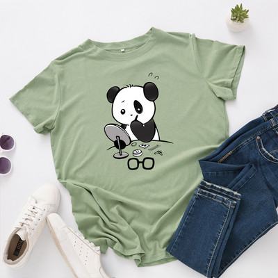 JFUNCY Καλοκαιρινό γυναικείο μπλουζάκι Panda Put on Makeup Fashion Γυναικείο T-shirt 100% βαμβακερό κοντομάνικο μπλουζάκι με λαιμόκοψη Νέα casual τοπ