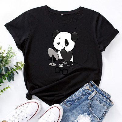 JFUNCY Καλοκαιρινό γυναικείο μπλουζάκι Panda Put on Makeup Fashion Γυναικείο T-shirt 100% βαμβακερό κοντομάνικο μπλουζάκι με λαιμόκοψη Νέα casual τοπ