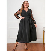 Liela izmēra kleitas 2022. gada rudens Eleganta modes sieta ziedu kleita ar garām piedurknēm, melna kleita Eleganta V kakla izgriezuma Midi ballīšu kleita, liela izmēra 4XL