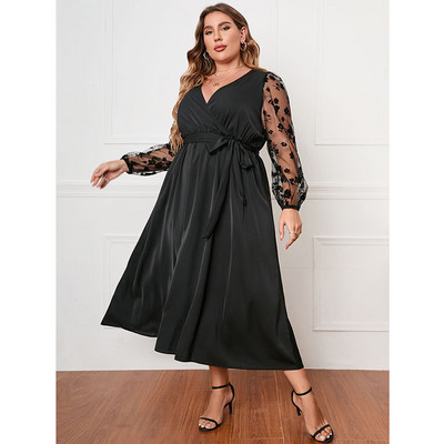 Liela izmēra kleitas 2022. gada rudens Eleganta modes sieta ziedu kleita ar garām piedurknēm, melna kleita Eleganta V kakla izgriezuma Midi ballīšu kleita, liela izmēra 4XL