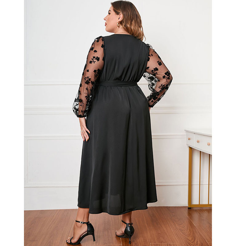 Liela izmēra kleitas 2022. gada rudens Eleganta modes sieta ziedu kleita ar garām piedurknēm, melna kleita Eleganta V kakla izgriezuma Midi ballīšu kleita, liela izmēra 4XL