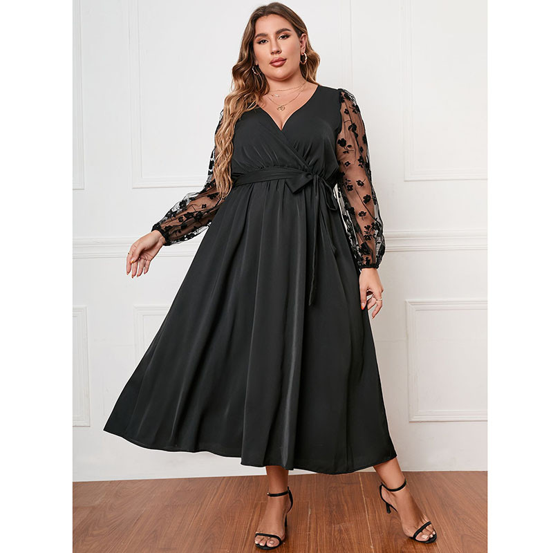 Liela izmēra kleitas 2022. gada rudens Eleganta modes sieta ziedu kleita ar garām piedurknēm, melna kleita Eleganta V kakla izgriezuma Midi ballīšu kleita, liela izmēra 4XL