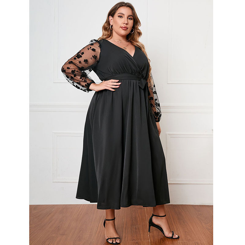 Liela izmēra kleitas 2022. gada rudens Eleganta modes sieta ziedu kleita ar garām piedurknēm, melna kleita Eleganta V kakla izgriezuma Midi ballīšu kleita, liela izmēra 4XL