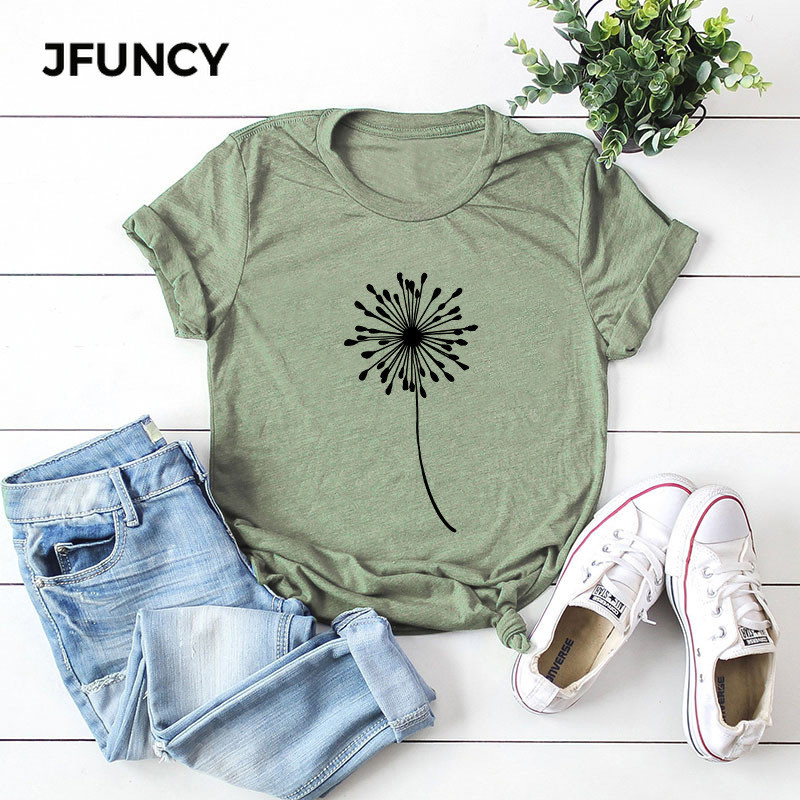 JFUNCY S-5XL ar augiem apdrukātu sieviešu kokvilnas T krekls 2021. gada jauns O kakla izgriezums, vasaras T-krekls, topi sieviešu ikdienas krekls