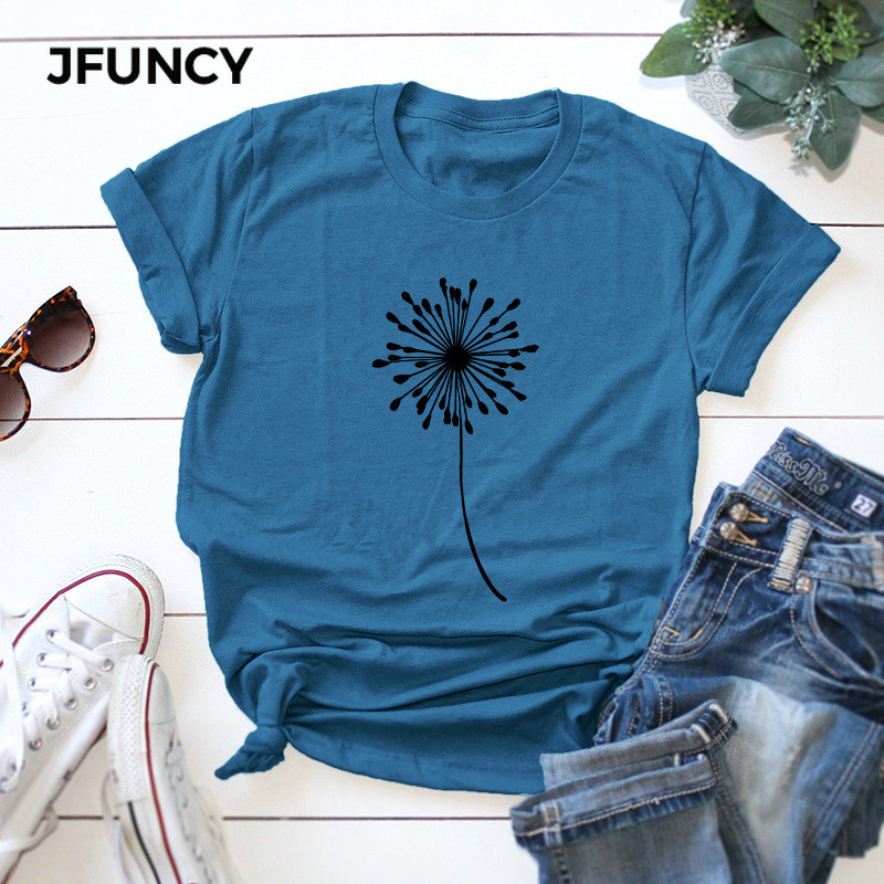 JFUNCY S-5XL ar augiem apdrukātu sieviešu kokvilnas T krekls 2021. gada jauns O kakla izgriezums, vasaras T-krekls, topi sieviešu ikdienas krekls