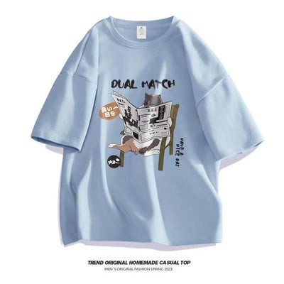 Vasaras 100% kokvilna Vīriešu sieviešu T-krekli Anime kaķu apdrukas T krekls ar īsām piedurknēm Lielizmēra Tkrekls Mode Augstas kvalitātes vīriešu apģērbi