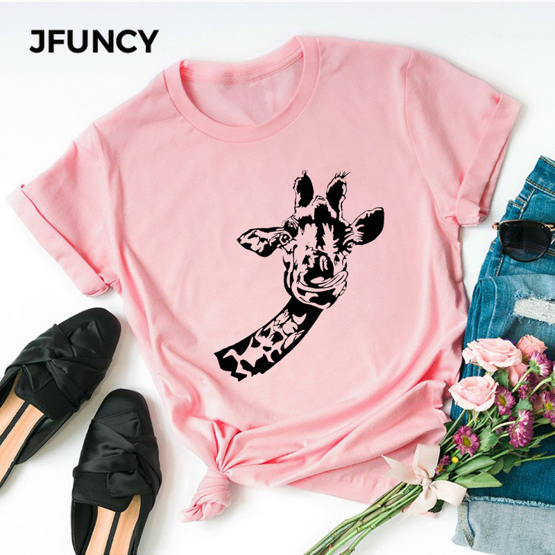 JFUNCY Funny Giraffe Print Sieviešu kokvilnas T krekls 2020 Liela izmēra īsām piedurknēm vasaras T krekls Tops Sieviešu ikdienas krekls