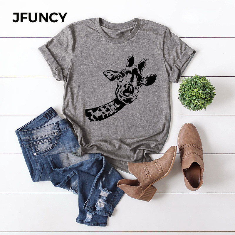 JFUNCY Funny Giraffe Print Sieviešu kokvilnas T krekls 2020 Liela izmēra īsām piedurknēm vasaras T krekls Tops Sieviešu ikdienas krekls