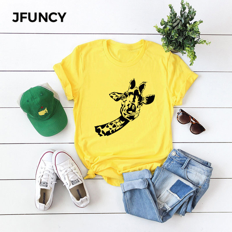 JFUNCY Funny Giraffe Print Sieviešu kokvilnas T krekls 2020 Liela izmēra īsām piedurknēm vasaras T krekls Tops Sieviešu ikdienas krekls