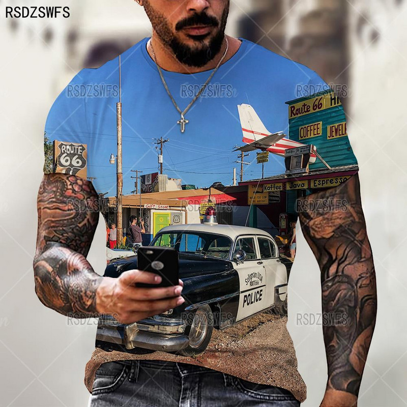 Divat amerikai zászló férfi póló nyári rövid ujjú, túlméretezett bő retro póló American Route 66 betűkkel nyomtatott felsők pólók