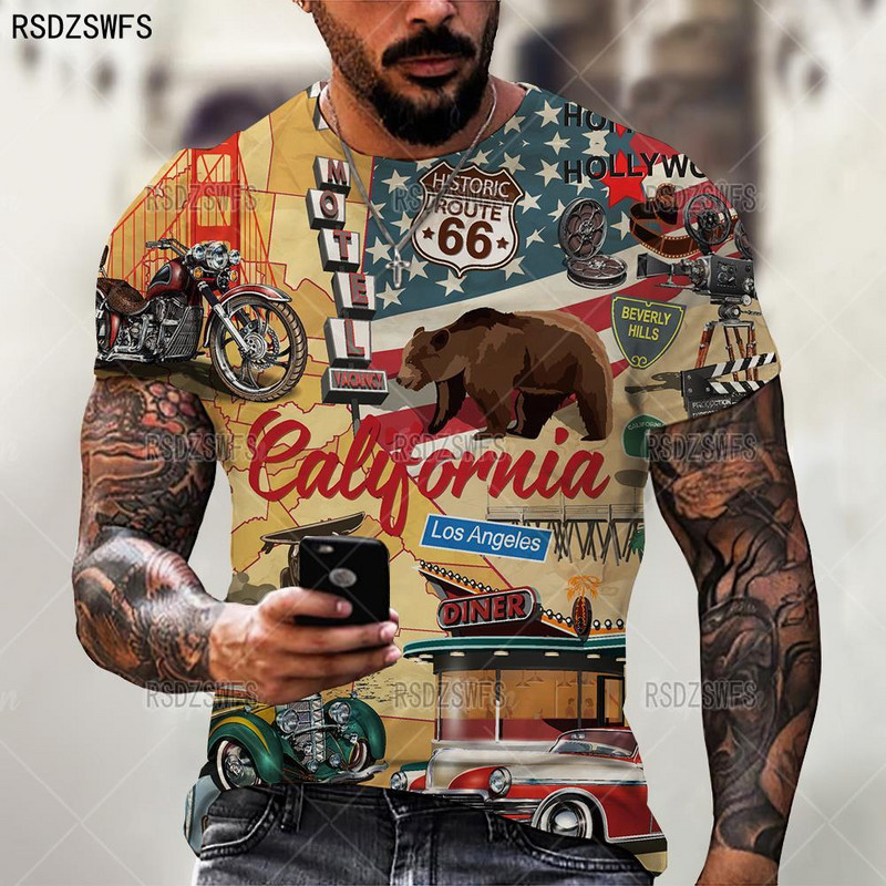 Divat amerikai zászló férfi póló nyári rövid ujjú, túlméretezett bő retro póló American Route 66 betűkkel nyomtatott felsők pólók