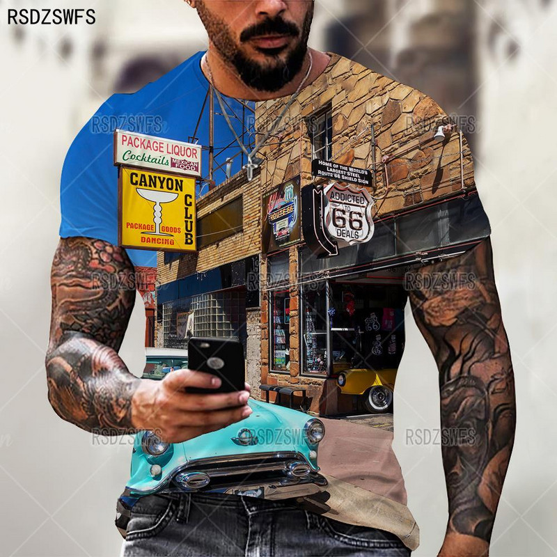 Divat amerikai zászló férfi póló nyári rövid ujjú, túlméretezett bő retro póló American Route 66 betűkkel nyomtatott felsők pólók