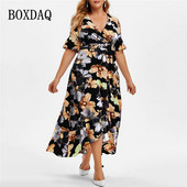 Ženske haljine velikih veličina, ležerna boho haljina s cvjetnim printom, maksi modna haljina s V-izrezom, kratkih rukava, nepravilnih volana, duga haljina, ogrtač