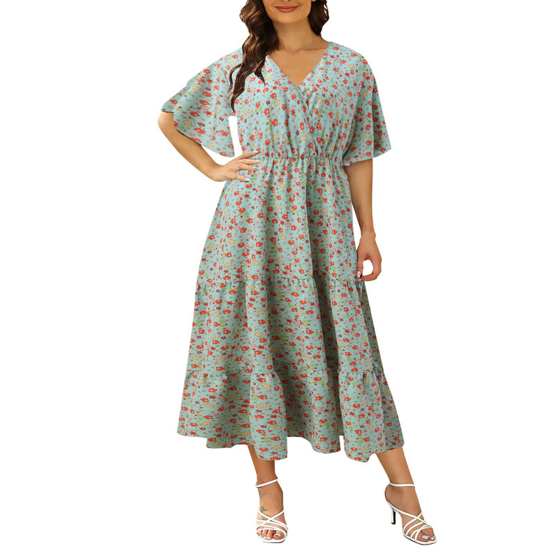 Liela izmēra sieviešu kleita vasaras Boho ziedu ikdienišķa gara kleita ar V veida kakla izgriezumu ar īsām piedurknēm, apdrukas vintage A-Line Maxi kleita Vestidos