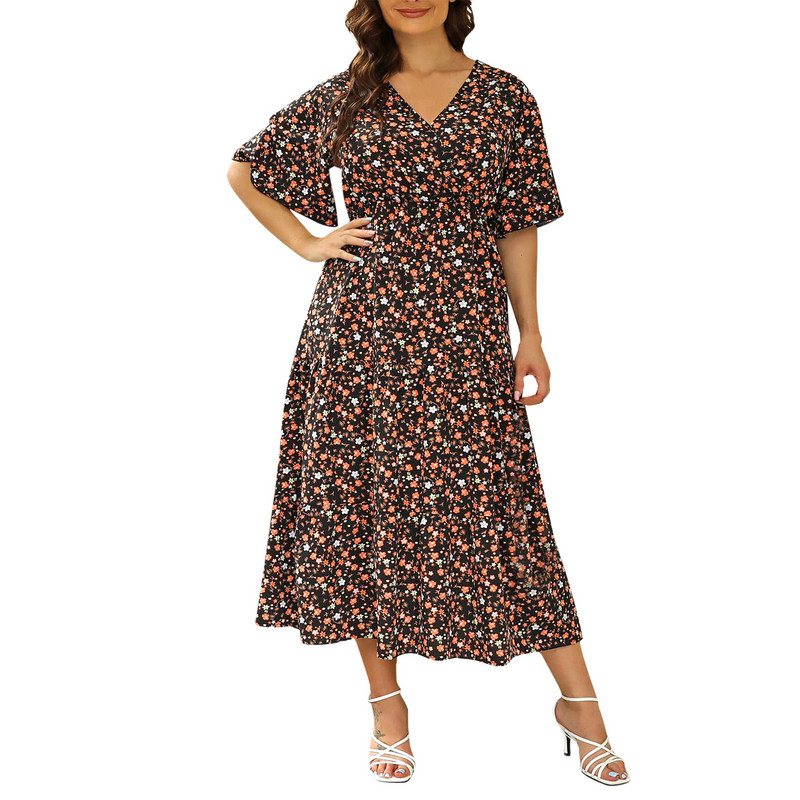 Liela izmēra sieviešu kleita vasaras Boho ziedu ikdienišķa gara kleita ar V veida kakla izgriezumu ar īsām piedurknēm, apdrukas vintage A-Line Maxi kleita Vestidos