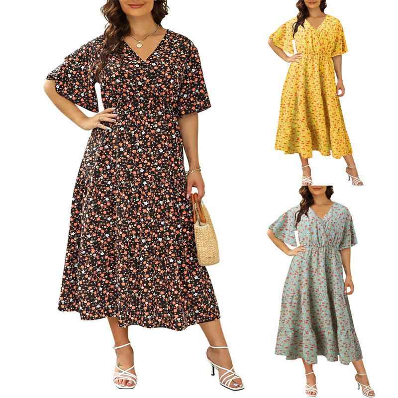Liela izmēra sieviešu kleita vasaras Boho ziedu ikdienišķa gara kleita ar V veida kakla izgriezumu ar īsām piedurknēm, apdrukas vintage A-Line Maxi kleita Vestidos